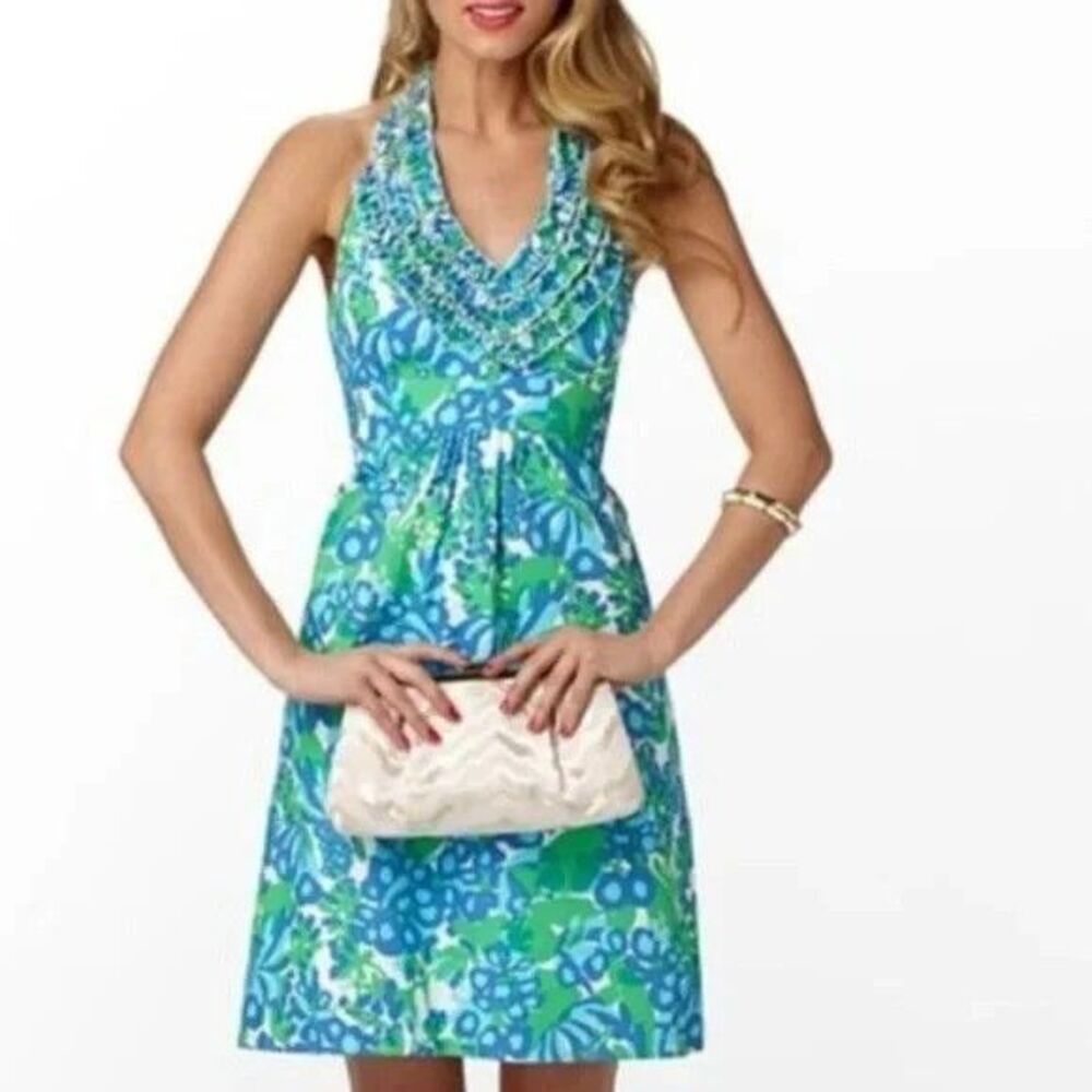 Lilly Pulitzer Lillian Halter Ruffled V Neck Dress Size 0 Bee in Your Bonnet
